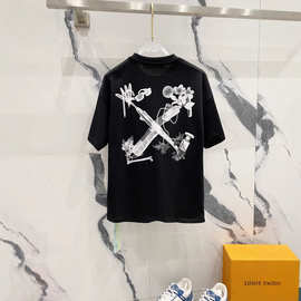 OFF2025春夏新款OW 耳机花朵图案圆领套头短袖T恤男女款一件代发