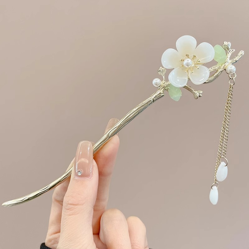 Horquilla de flores con flecos de estilo antiguo, temperamento femenino de alto nivel, escalón, horquilla de Hanfu, horquilla de cabello en la parte posterior de la cabeza, tocado de horquilla