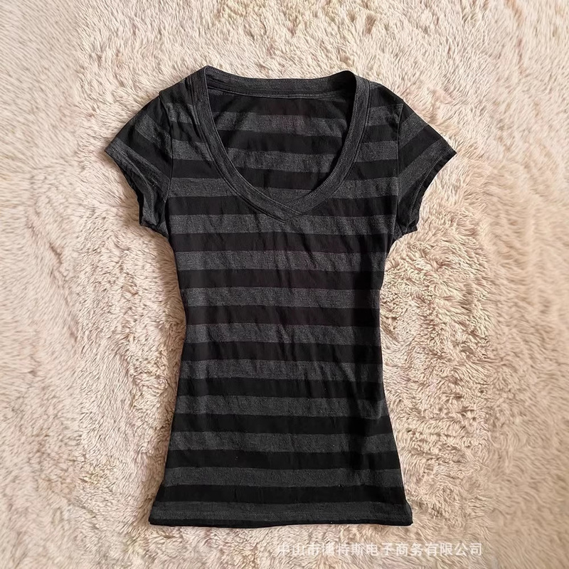 Y2K Export Summer New Style Work Clothing Casual Slim Fit Black and Gray Pinstripe V-Neck Short-Sleeved T-Shirt Top Y2K Export Summer New Style Work Clothing Casual Slim Fit Black and Gray Pinstripe V-Neck Short-Sleeved T-Shirt Top