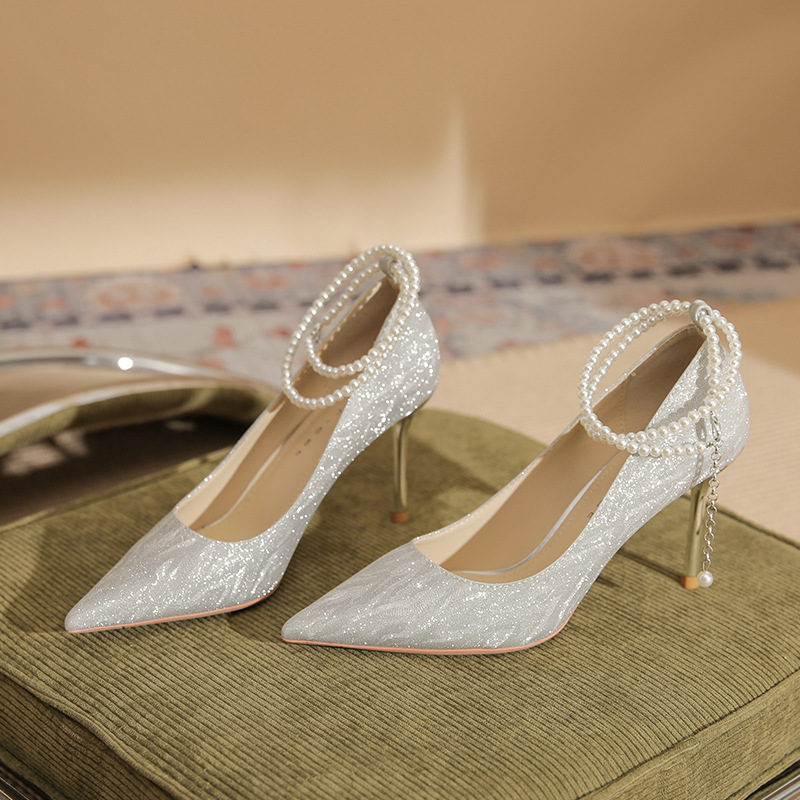 86108 silver High Heels Women's Stiletto Heel Spring 2024 New Pointed Crystal Wedding Shoes Pearl Strap Shoes
