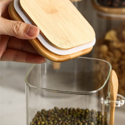 Square transparent glass jar with spoon bamboo lid food sealed storage jar moisture-proof kitchen storage sealed jar wholesale