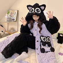 睡衣女秋冬季珊瑚绒睡袍三层夹棉加绒加厚连帽浴袍长款冬天家居服