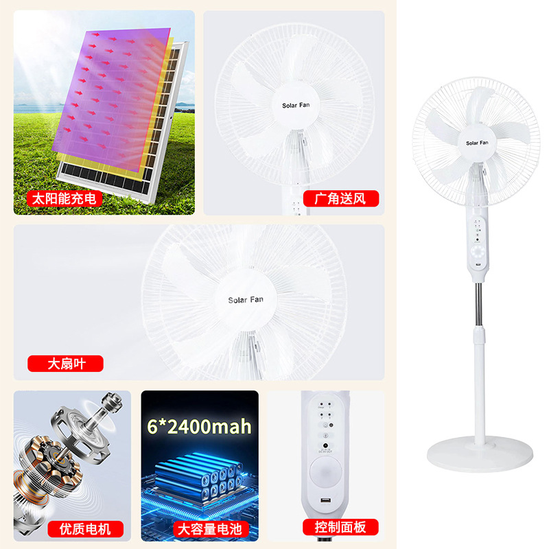 Ventilador de piso de emergencia de 16 pulgadas, alimentado por energía solar y enchufable, de doble uso para el hogar, puestos al aire libre, dormitorios y ventilador para cortes de energía transfronterizos.