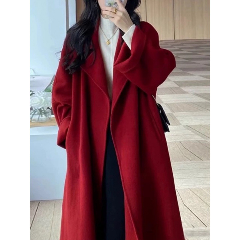 G Popular Red Woolen Outwear Women's Mid-Length 2024 Spring New Loose Woolen Outwear