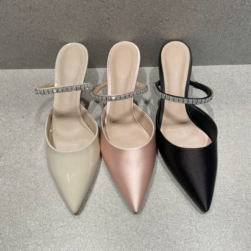 Sheepskin Version~Hong Kong Style Pointed-Toe High-Heeled Mules, Closed-Toe Shallow Sandals for Women, Thin Heels, Half-Slipper Style, Shiny