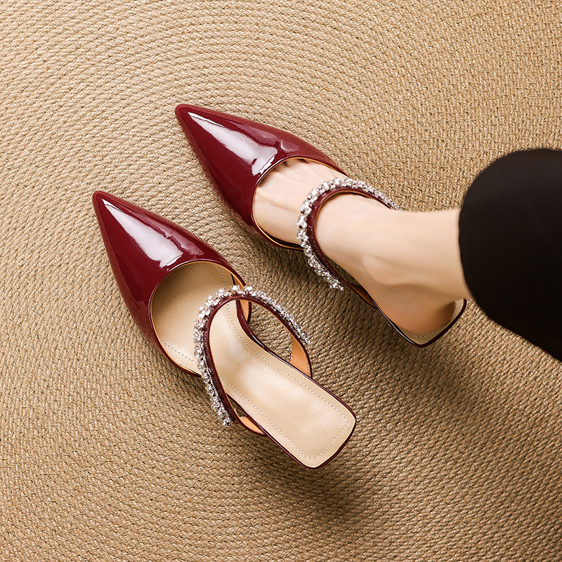 Giày sandal cao gót nữ mũi nhọn đính đá kiểu Pháp, gót nhọn 9 cm — đen