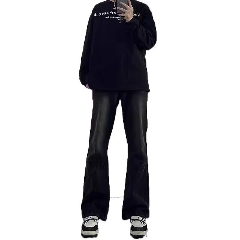 2024 primavera y otoño nuevo estilo americano calle alta suelta recta pantalones largos casuales negros marca de moda jeans para hombres