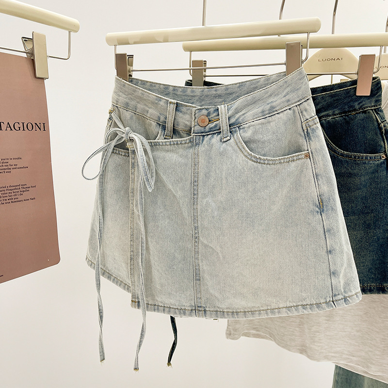 Design Sense Fake Two-piece Denim Short Culottes Women's Summer Irregular Strap Skirt Anti-glare High Waist A- line Skirt Design Sense Fake Two-piece Denim Short Culottes Women's Summer Irregular Strap Skirt Anti-glare High Waist A- line Skirt