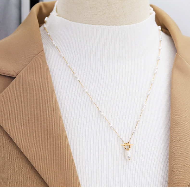 Fashion Solid Color Titanium Steel Pearl Pendant Necklace Colorza_colorza_4