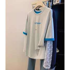 夏日ootd穿搭网纱长袖t恤女2025新款假两件设计感独特防晒衫上衣