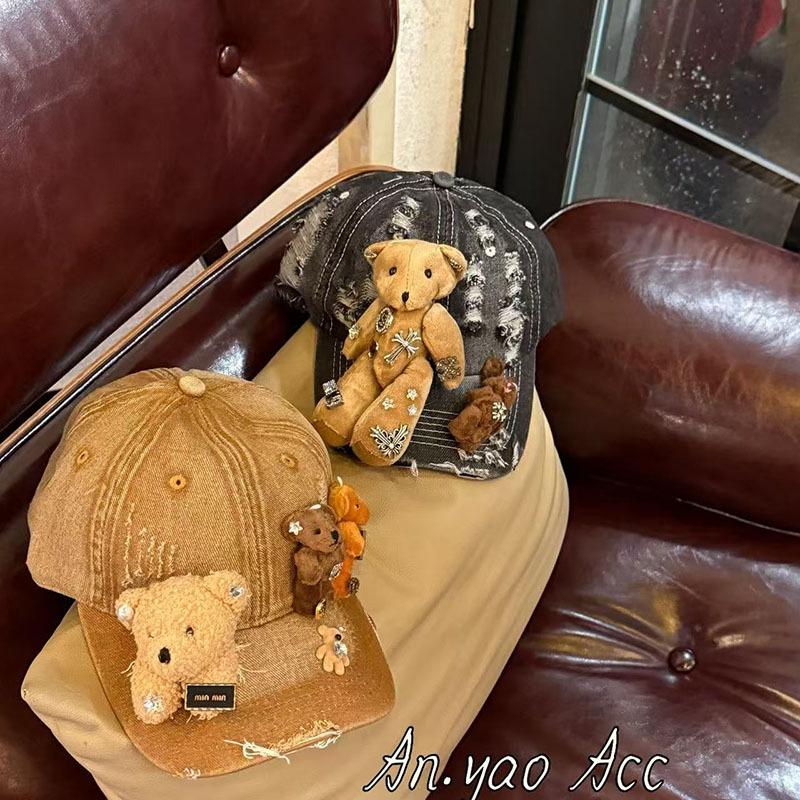 Cute Denim Baseball Cap For Women With Little Bear Patch_voghion.com