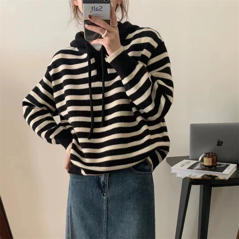 Striped Hooded Women's Sweater 2023 Autumn and Winter New Women's Sweater Loose Pullover College Style Long Sleeve Sweater