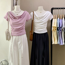[比正]2026夏季新品 韩版短款气质减龄荡领收腰显瘦短袖T恤女6282