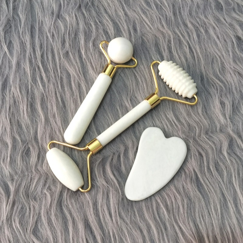 Contenedor de belleza de jade natural, rodillo de jade de doble cabezal, conjunto completo facial, contenedor de belleza de masaje, comercio exterior, jade al por mayor