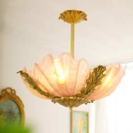 中古全铜粉色贝壳玻璃吊灯 法式复古轻奢美式卧室衣帽间书房灯具