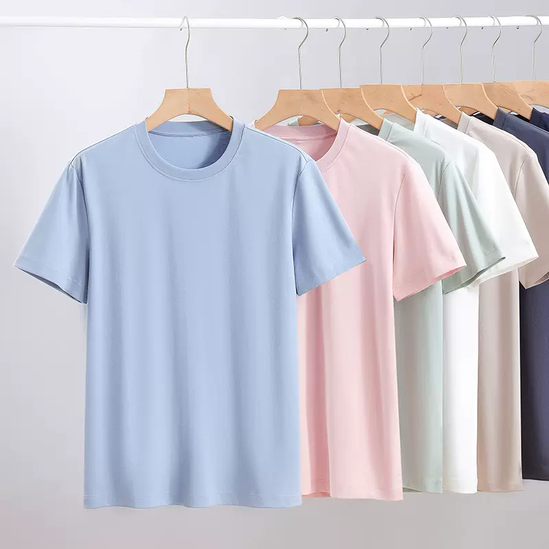 高端夏季薄款冰感液氨短袖t恤男士修身纯色休闲冰丝光棉半袖上衣