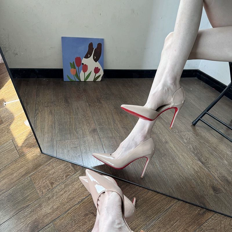 Женские туфли-стилето на высоком каблуке с открытым носком, красной подошвой и боковым вырезом, новые весенне-осенние модели 2024 года, профессиональные, не утомляющие.
