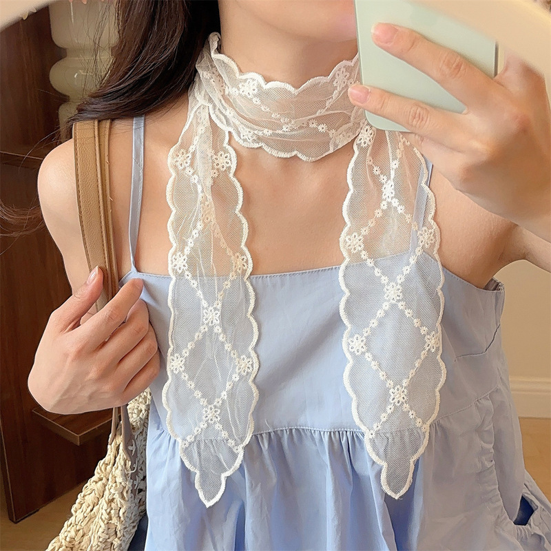 韓国蝶刺繍レースロングシルクスカーフ女性のための春と夏の新しいハイエンド多用途ネクタイネックアクセサリー|undefined