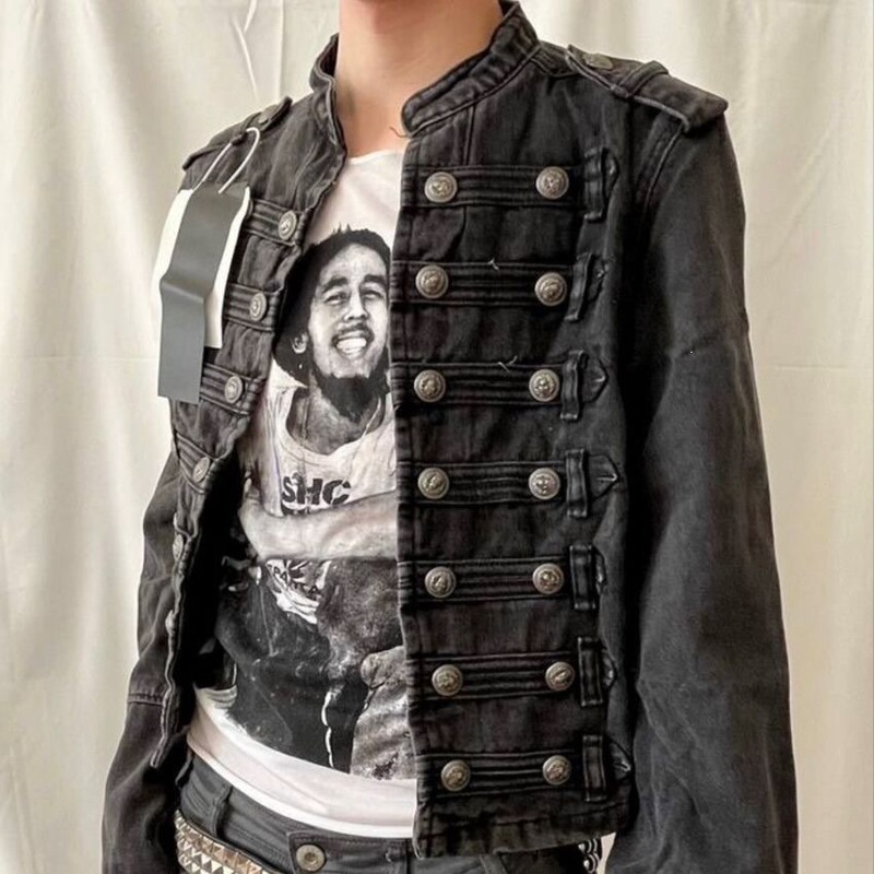 Napoleon Button Short Jacket, Vintage Court Style, Y2K Design, Distressed Wash, Waist-Cinching, Slimming Top