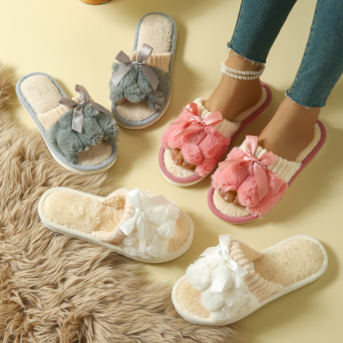New European and American Style Square Plush Four-Season Warm Indoor Home Slippers Pink Two-Color Pair