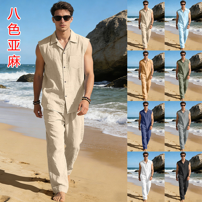 Europa y América transfronterizos de verano hombre camisa delgada sin mangas con solapa deportiva casual lino camisa de color sólido pantalón conjunto
