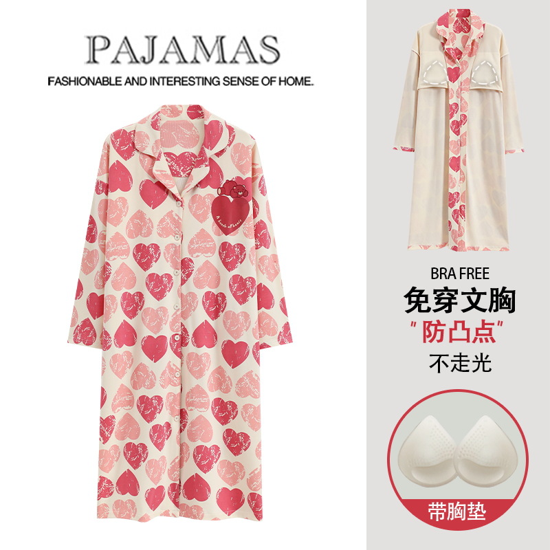 [Customized] pijama con cojín de pecho para mujeres de otoño de algodón Cardigan de manga larga pijama de mujeres primavera y otoño algodón suelto