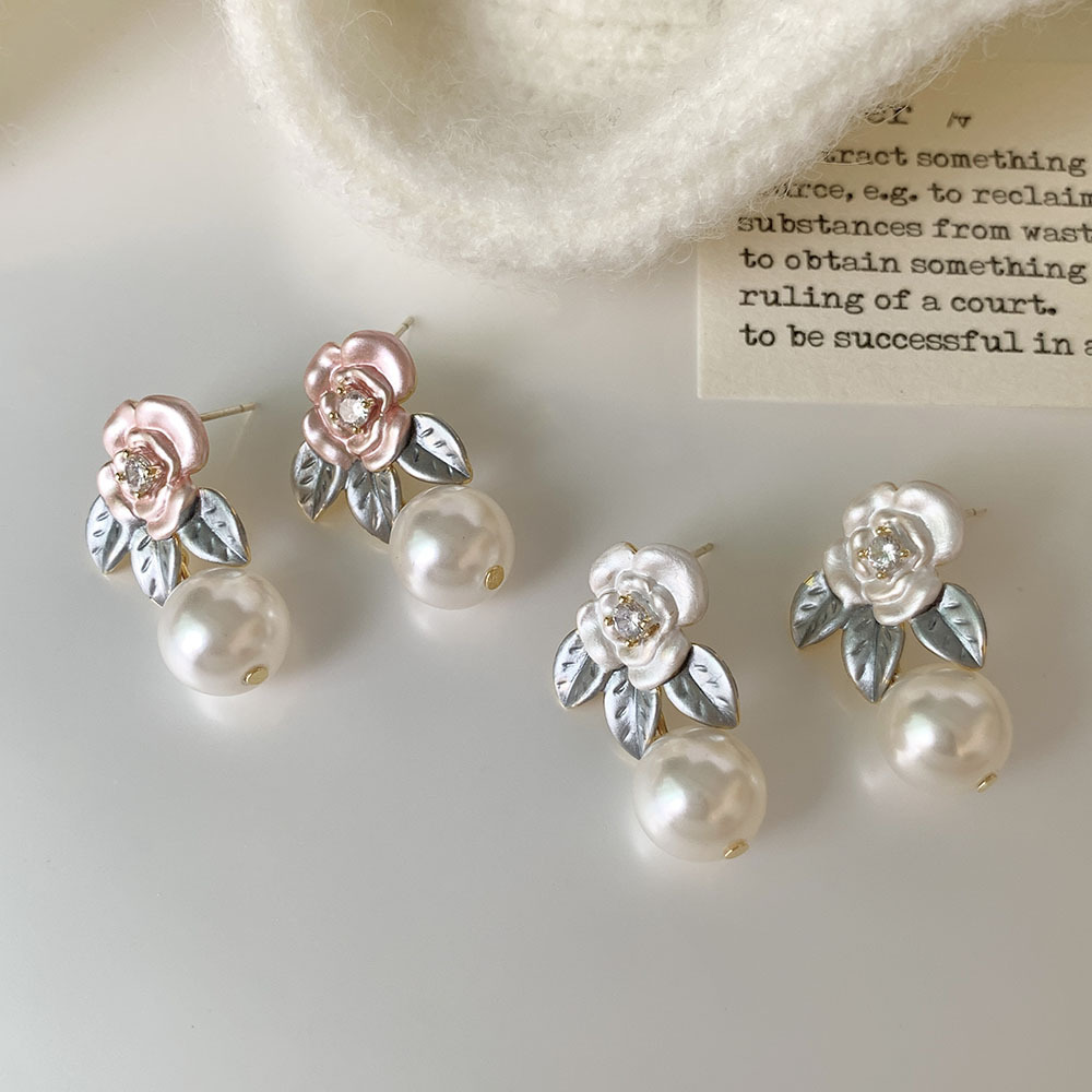 1 Pair Sweet Flower Enamel Plating Inlay Imitation Pearl Copper Zircon 14k Gold Plated Drop Earrings display picture 5