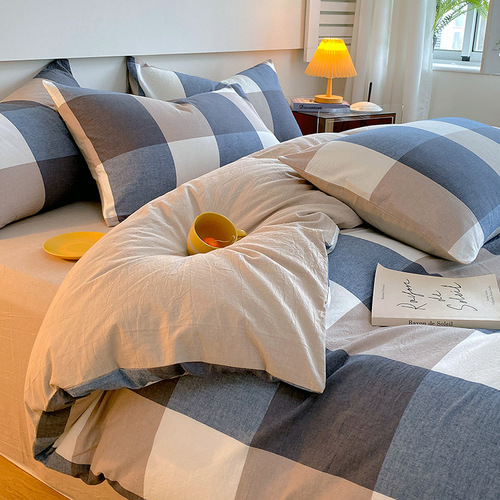 Pure Cotton Japanese Check Water Washed Cotton Quilt Set Four Piece Set Full Cotton Bed Skirt Set Student Dormitory Three Piece Bedding Set Wholesale
