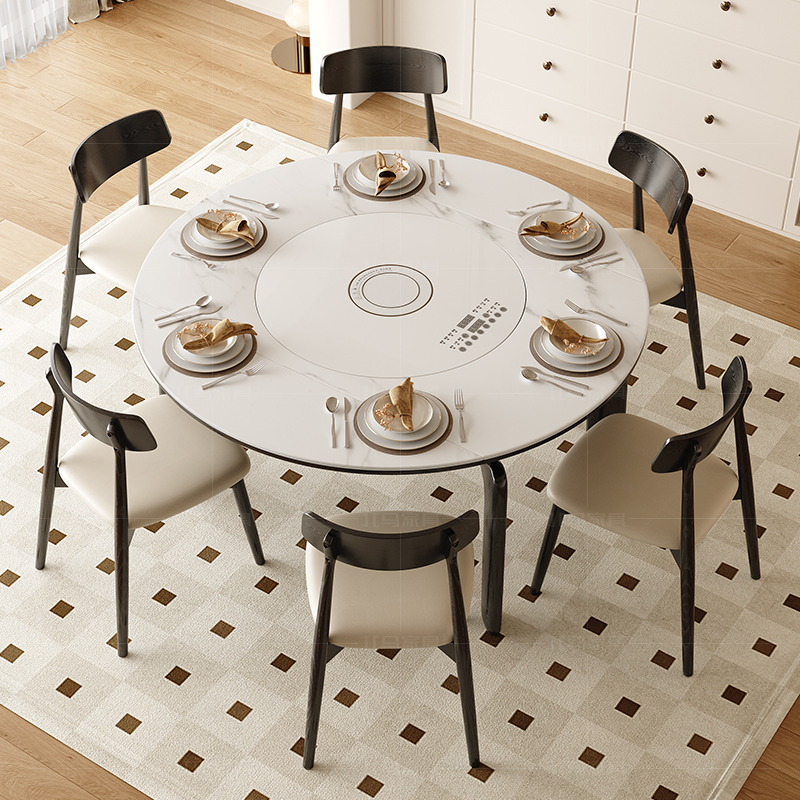 Used Solid Wood Dining Table and Chair Set for Home Use, Extendable Multifunctional with Induction Cooker, Rotating Plate, and Round Dining Table