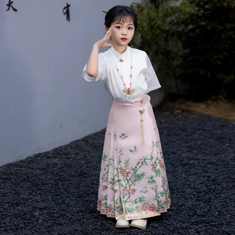 新款儿童汉明制马面裙小学生校园唐装汉服女童舞台表演织金马面裙