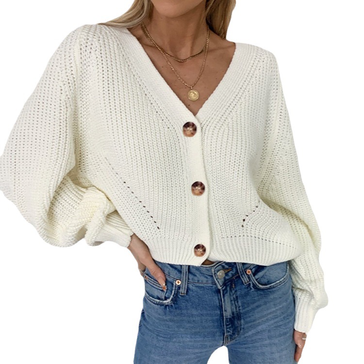 Suéter de moda europeo y americano para mujer, otoño e invierno, color liso, cuello en V profundo, mangas abullonadas, cárdigan de punto suelto con botones, elegante y adecuado para ir al trabajo. image 6