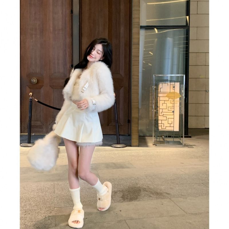 (2개) WENGFENG 스파이스 여자 세트 여성용 스트랩리스 탑 카디건 코트 가을과 겨울 가죽 스커트 패션 우아한 3 피스 세트