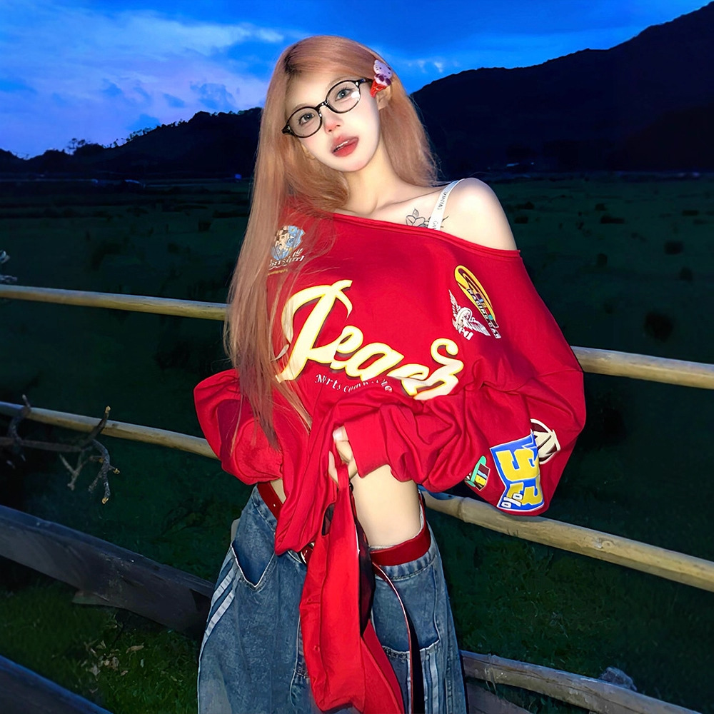Women's Clothing Women's Red Hot Girl Off-Shoulder Sweatshirt Style Early Autumn Letter Color Block Print One-Shoulder Long Sleeve Loose Top_ecoleips.com