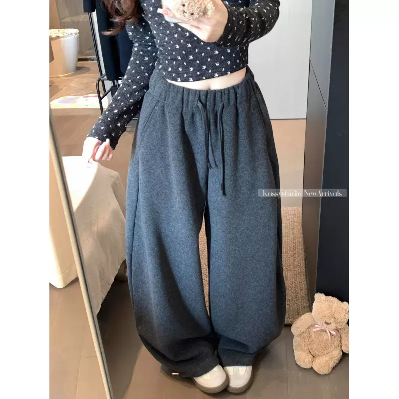 时尚慵懒风抽绳休闲裤女冬季加厚阔腿裤百搭束脚拖地裤子直筒长裤