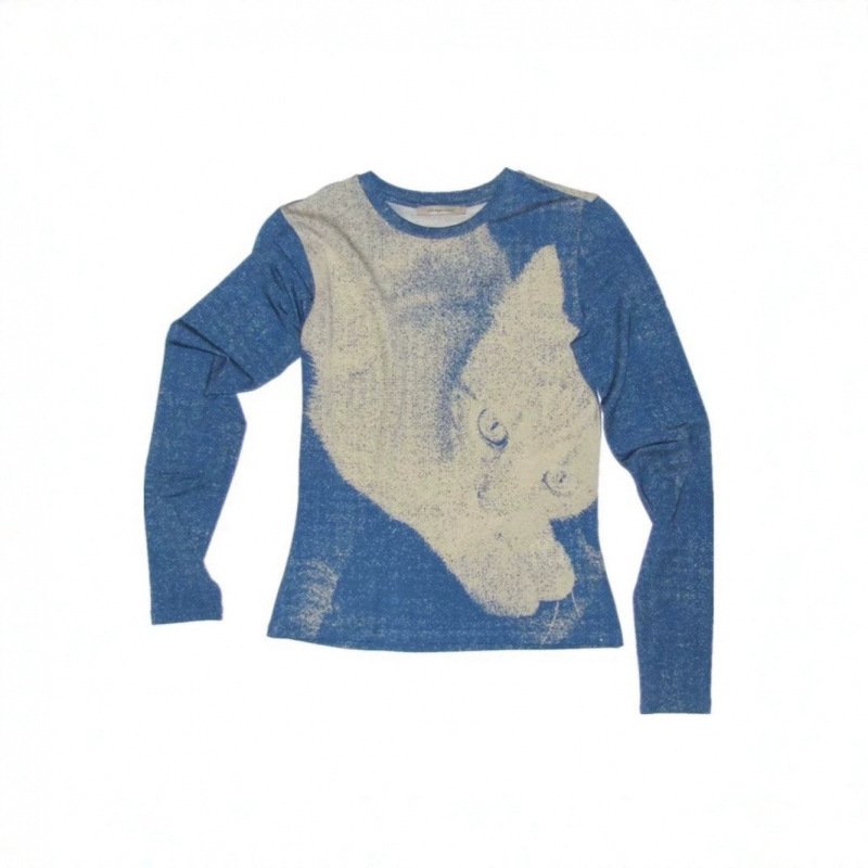 パロマウール既製品 Zhang Ruonan 同猫プリントラウンドネックスリムフィットストレッチ長袖 T シャツ