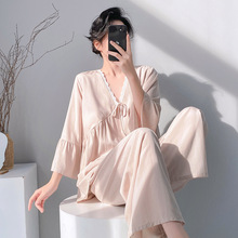 棉绸睡衣带一体胸垫可外穿春夏季家居服蕾丝V领纯色简约绵绸套装