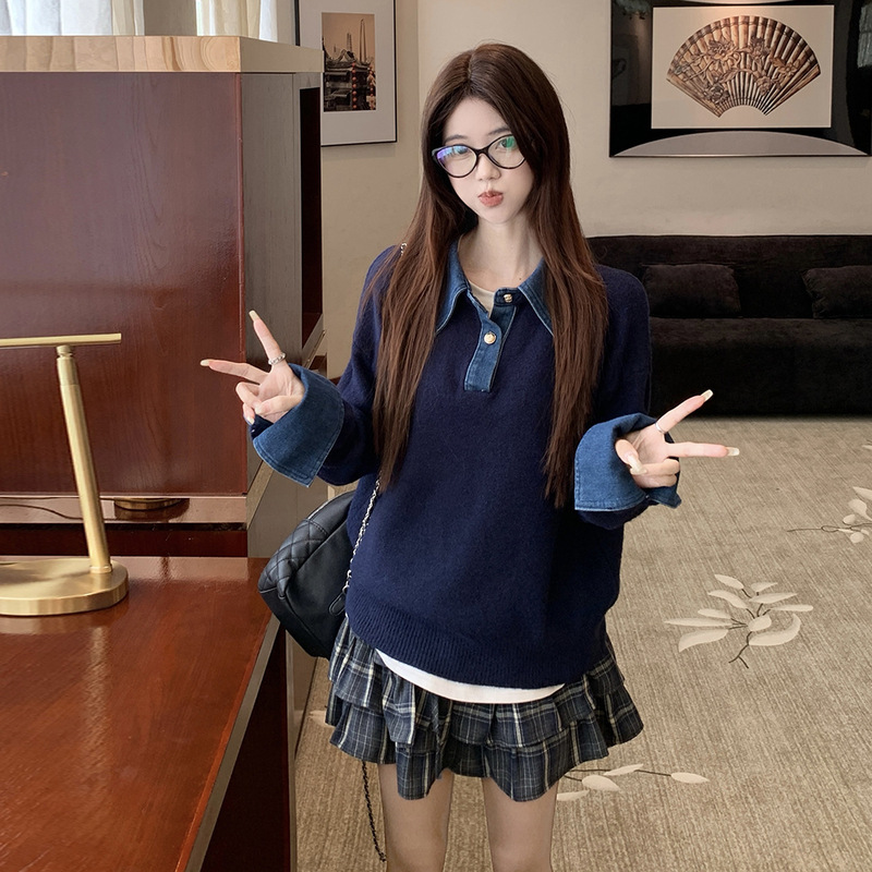 高级感2025冬季新款韩版气质Polo领牛仔拼接针织衫假两件毛衣女装|undefined
