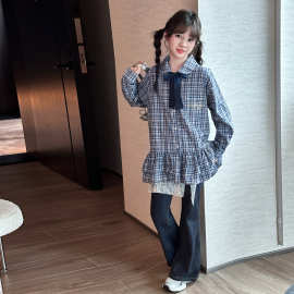2025童装女童春季衬衫儿童翻领上衣女孩甜美花边设计感衬衣中大童