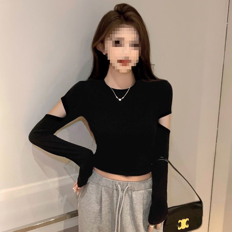 Black Ribbed Long-Sleeve Ripped Tight-Fitting Top with Half-High Collar, Women's Short T-Shirt for Spring and Autumn, Trendy Sleeveless Embroidered Design