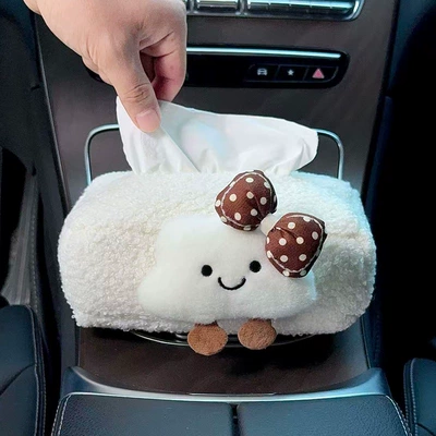 2025 New Car Tissue Box Car tissue box/set - coffee-dot-cloud-armed-lamb-velvet-tissue-bag
