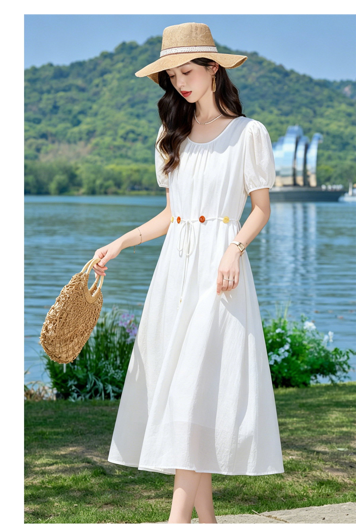 Đầm suông midi cổ V eo thắt dây dáng chữ A tay ngắn — Xanh lông mòng đen, màu trắng, màu vàng chi tiết 24