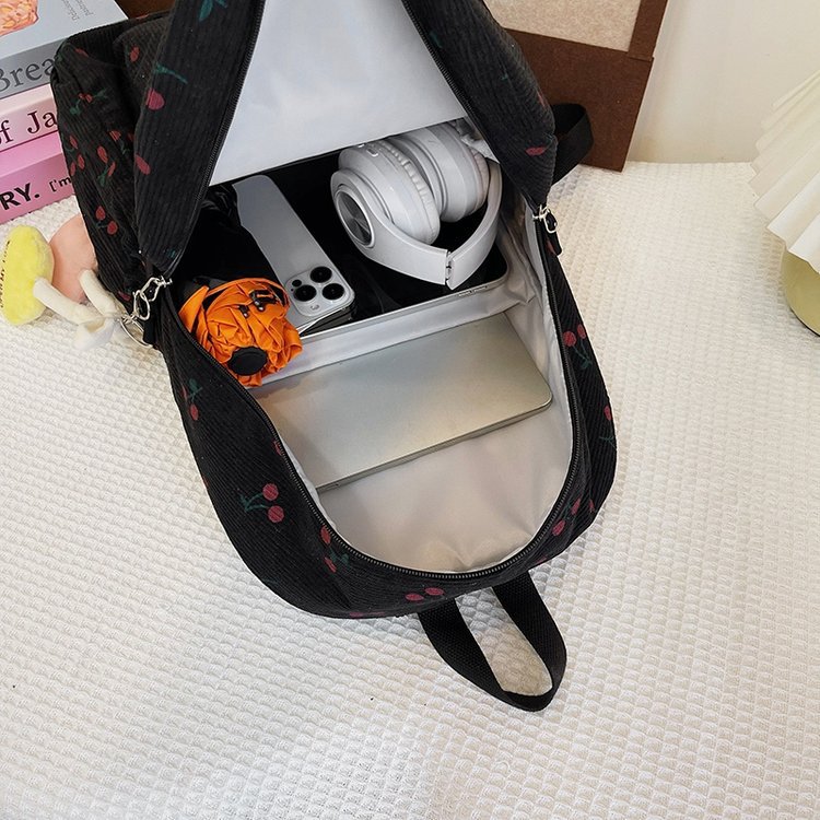 1197g Weight Polyester Lining Material Zipper Closure Type Double Shoulder Straps Strap Type Casual, School, Daily Occasion Corduroy Material Back To School Festival School Backpack Backpack Cherry Pattern All Seasons Season Women's Gender Cute Style Shell Shape Cherry Casual School Daily School Backpack 39
