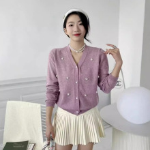 韩系新款百搭V领长袖针织开衫女秋冬季拼接钉珠修身显瘦软糯上衣