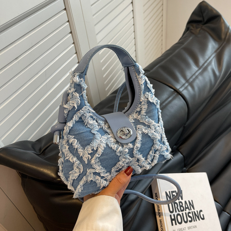 Niche Internet Celebrity's Same Denim Bag for Women, Quilted Tassel Bag, Versatile and Fashionable One-Shoulder Cross-Body Armpit Bag for Women
