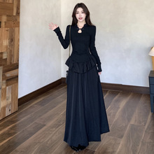 黑色新中式旗袍长袖连衣裙女早秋季高级感气质收腰生日礼服长裙子