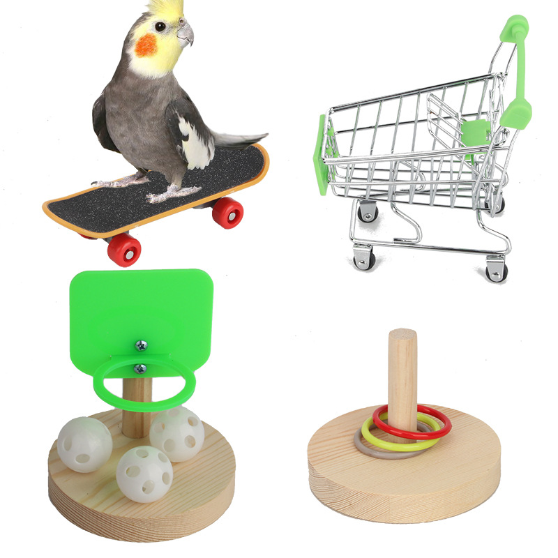 Parrot bite toy bird toy basketball stand interactive ferrule skateboard shopping cart four-piece set