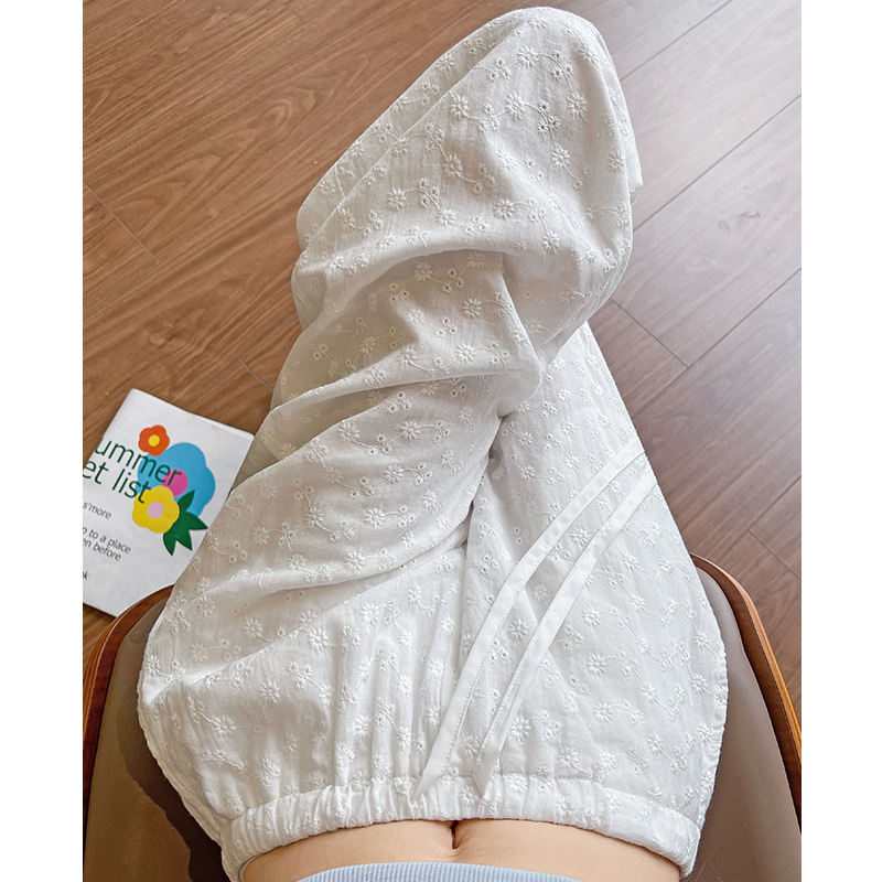 白色雏菊花刺绣阔腿裤女2025夏新款高腰裤子女抽绳休闲裤慵懒长裤