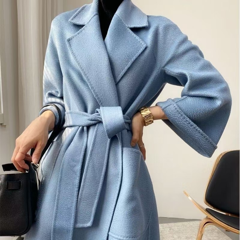 ウォーターリップル両面カシミヤコート女性のロングヘップバーンスタイルレースアップウールコート気質ラペル|undefined
