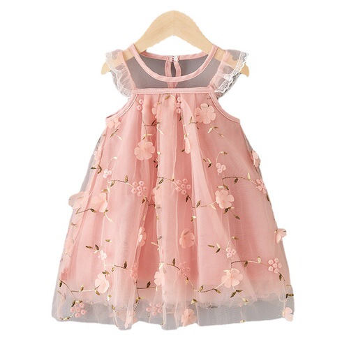 Foreign trade summer new Korean version girls embroidered lace mesh dress baby girl super western gauze dress princess dress