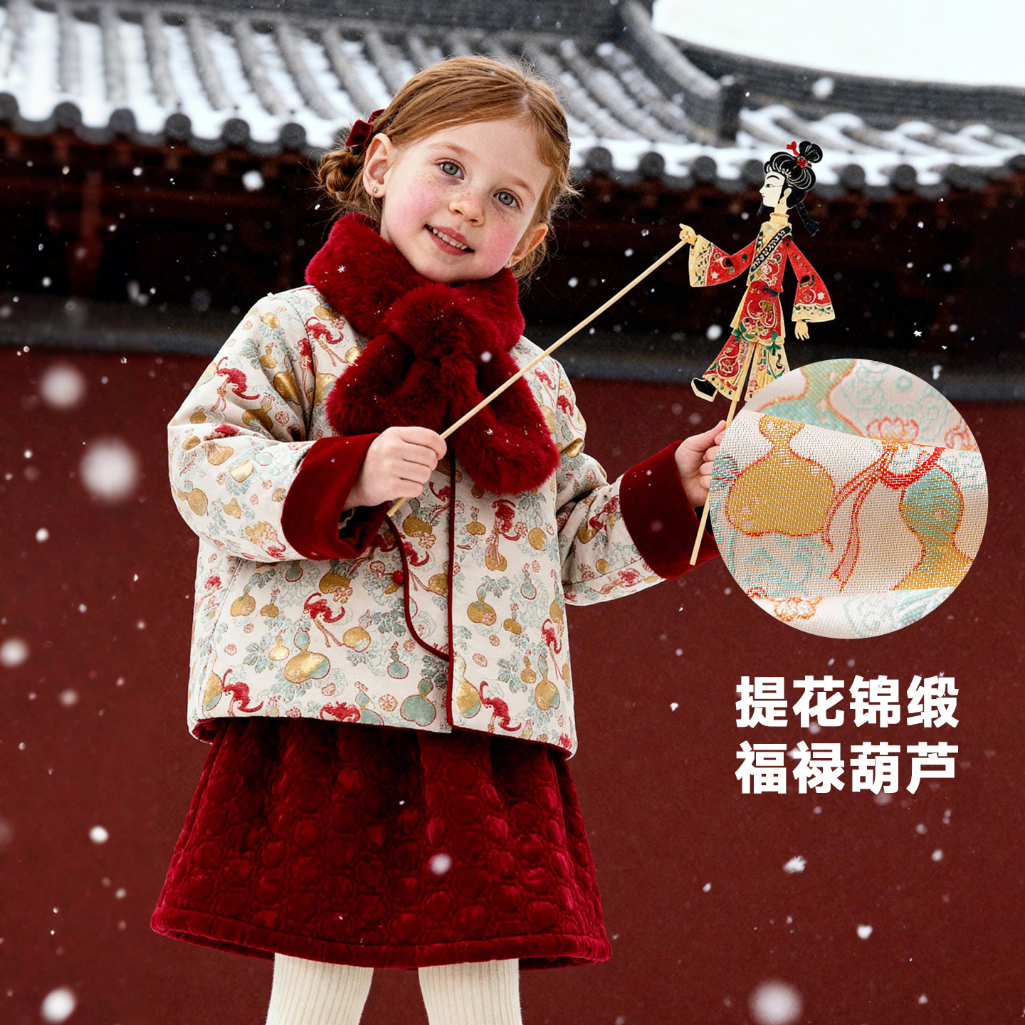 阿米拉童装2025年冬季新款女童唐装加绒保暖国风印花新年保暖外套